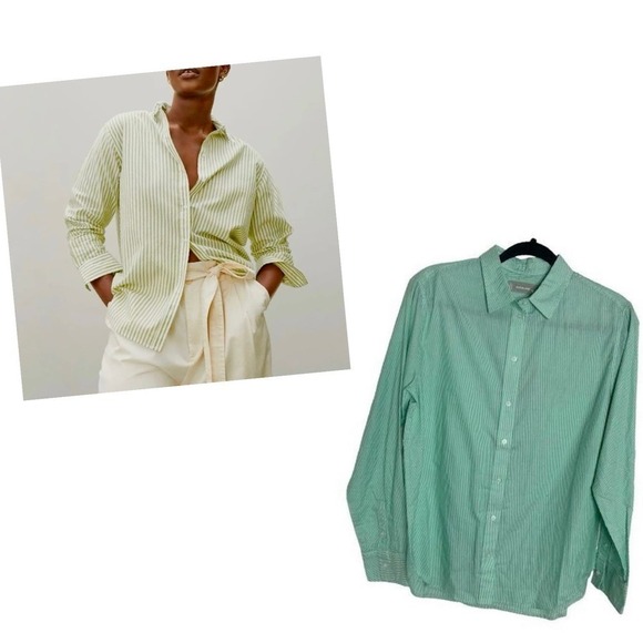 NWT Everlane The Oxford Shirt Mint Kelly Green White Striped Oversized - Sz 0 - Picture 1 of 3